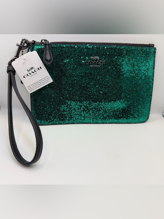 Coach Handbags - Coach Large Wristlet Emerald Green Glitter Zip Pouch NWT 77964B Statement Piece